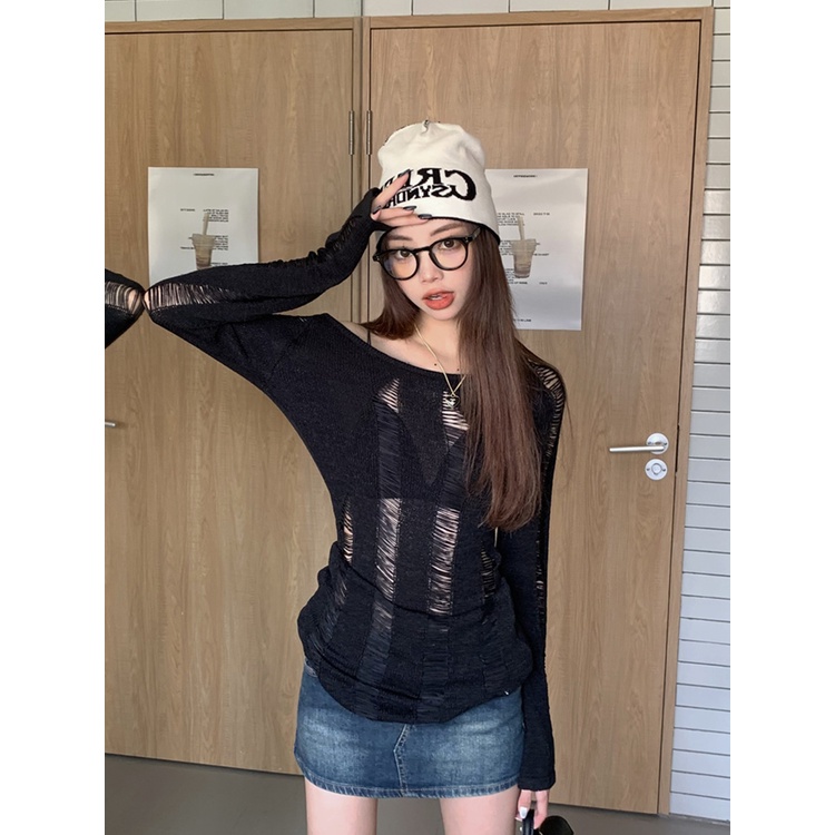 Red Blus sweter rajut berongga hijau tanpa tali musim panas Desain Prancis sweater lengan panjang babes atasan satu bahu wanita