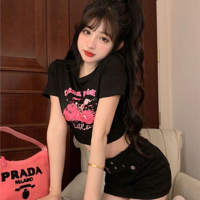 Red Musim panas chic chic cetak kartun lengan pendek t-shirt perempuan rasa desain ceruk keinginan murni hot gadis bocor pusar pendek top