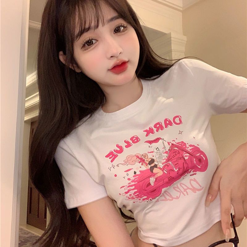 Red Musim panas chic chic cetak kartun lengan pendek t-shirt perempuan rasa desain ceruk keinginan murni hot gadis bocor pusar pendek top