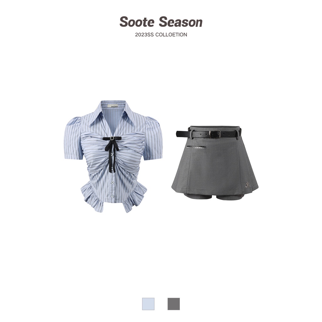 Red 2023 perguruan tinggi gaya hot gadis kemeja bergaris atas desain rasa pinggang slimming setelan rok lipit