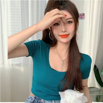 Red Besar Leher T-shirt Pendek Wanita 2023 Baru Pinggang Tinggi Kurus Pusar Seksi Gadis Panas Atasan Musim Panas Slim Lengan Pendek