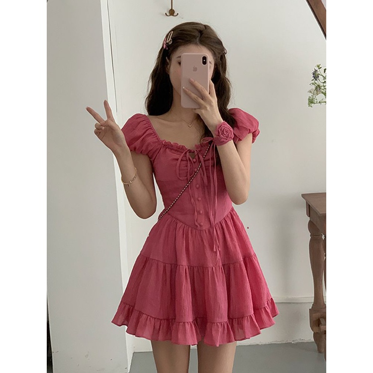 Red [Luoyin Sweet Love] French Mori Square Neck Dress Raspberry Powder Pure Desire Wind Sweet Cool Spice Girl Ruffle Skirt