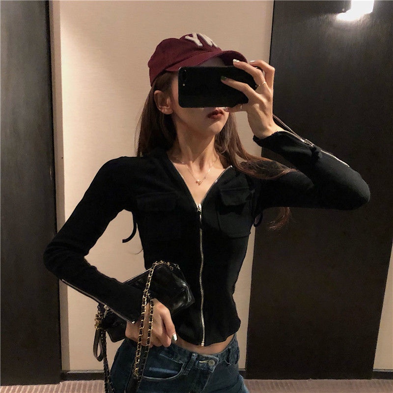 Red Berkerudung Lengan Panjang Rajutan Sweater Kecil Jaket Pendek Manset Ritsleting Slim Fit All-Match Top Bottoming Kemeja Fashion Korea wanita