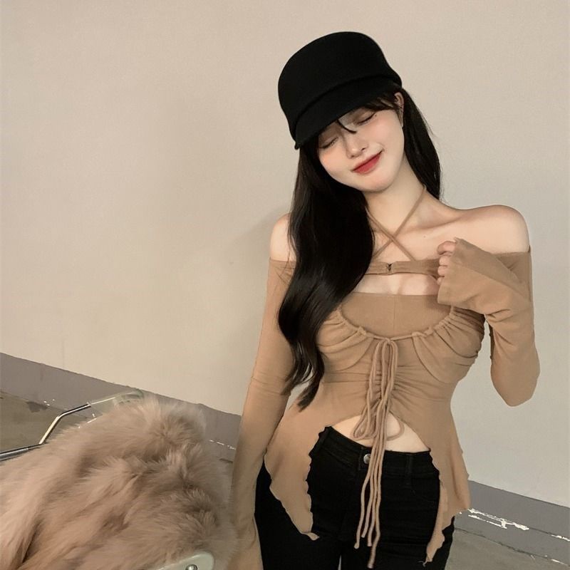 Red Ins style menggantung leher strapless sling blus manis dan pedas setelan keinginan murni ceruk kaos lengan panjang berongga tidak beraturan