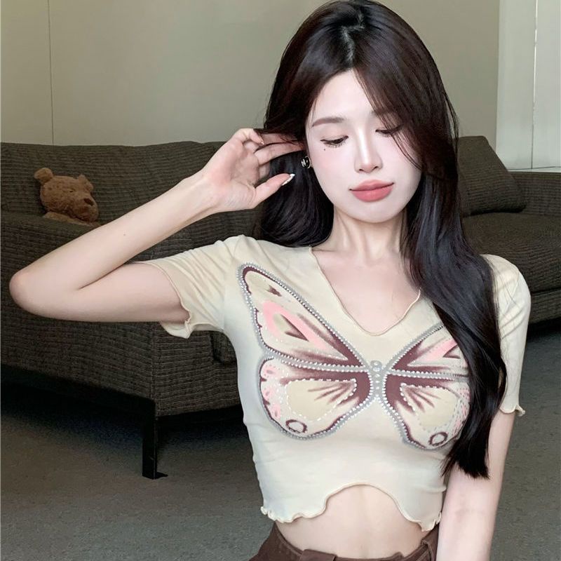 Red Slim fit tipis lengan pendek T-shirt wanita musim panas 2022 murni keinginan tren hot girl kupu-kupu cetak v-neck crop top