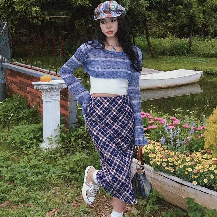 Red BeerBro Amerika Y2K hot gadis bergaris blus berongga perempuan musim panas Thailand ceruk atas setelan kamisol