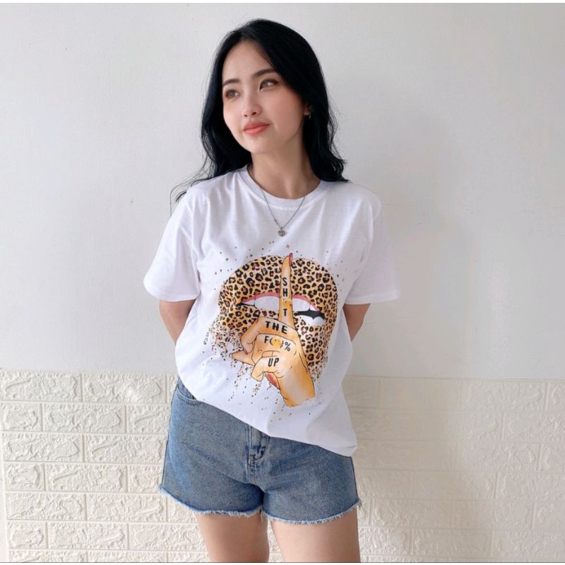 Atasan wanita kaos lengan pendek  Leopard Lips