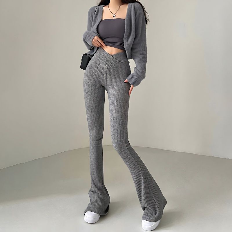 Red Rapcopter Eropa dan Amerika Dasar Rajutan Warna Solid Mikro Lasso Kasual Celana Wanita Berbentuk V Pinggang Benang Ketat olahraga Yoga Celana