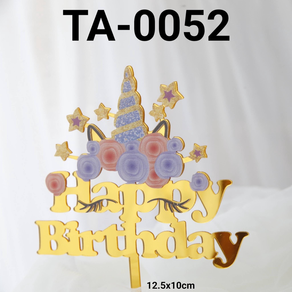 TA-0052 Cake topper akrilik tulisan happy birthday tanduk unicorn (tulisan akrilik)