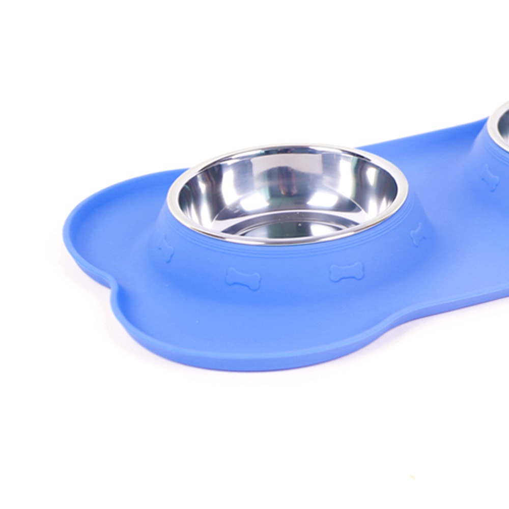 Tempat Makan Hewan Silicone Double Bowl Ukuran S - Biru