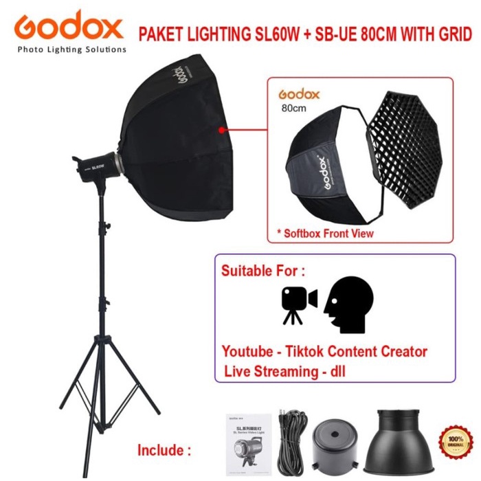 Terlaris Paket Lighting Youtuber Godox Sl60W + Softbox Sb-Ue 80Cm + Stand