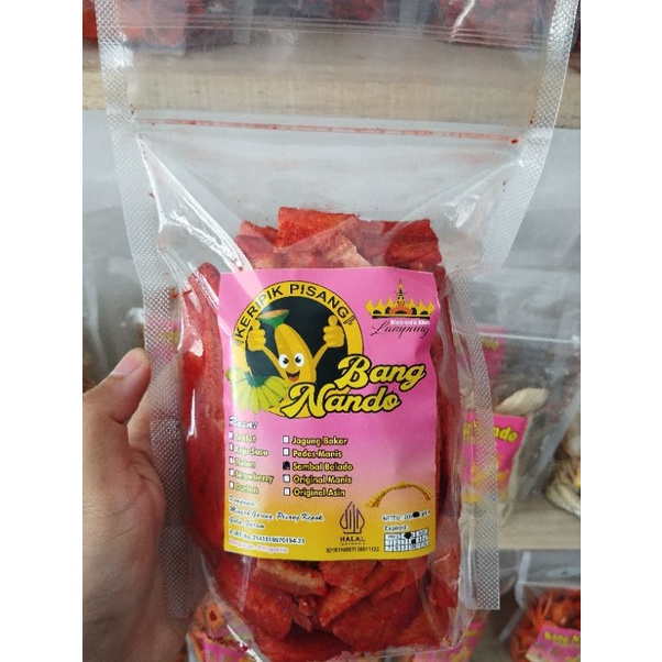 

Kripik pisang Bang Nando rasa sambal balado kemasan standing pouch 200 gram/ kripik pisang aneka rasa/ oleh-oleh khas Lampung