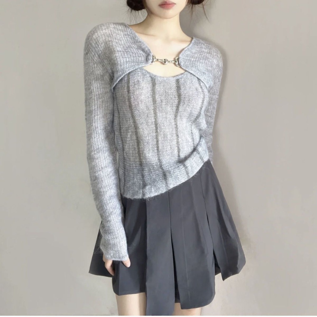 Red Jas dua potong/satu potong musim semi baru slim-fit rajutan sweater bertali selendang wanita Perancis pendek chic top