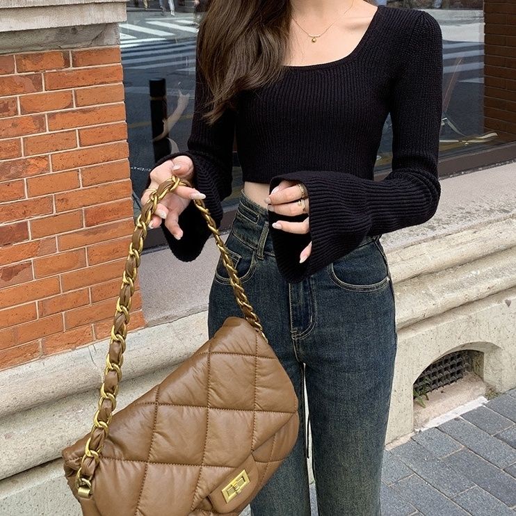 Red Design sense pure desire pendek kerah persegi lengan terompet dasi belakang rajutan sweater slim cropped sweater atasan wanita