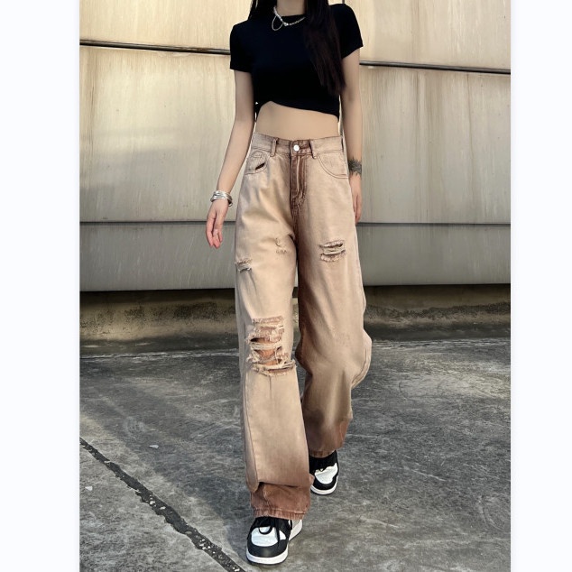 Red Celana jeans warna kontras pinggang tinggi wanita musim panas di high street retro pengemis robek semua pertandingan longgar celana lebar kaki lurus