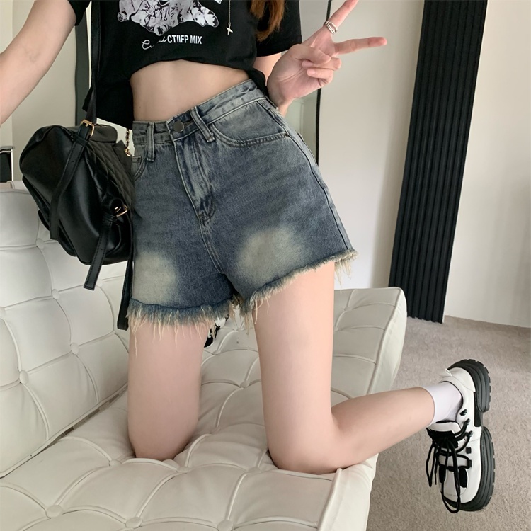 Red Raw Edge Jeans Wanita Musim Semi 2023 Baru Gaya Amerika Retro Gadis Panas Longgar Lurus Celana Pendek Hot Pants Celana