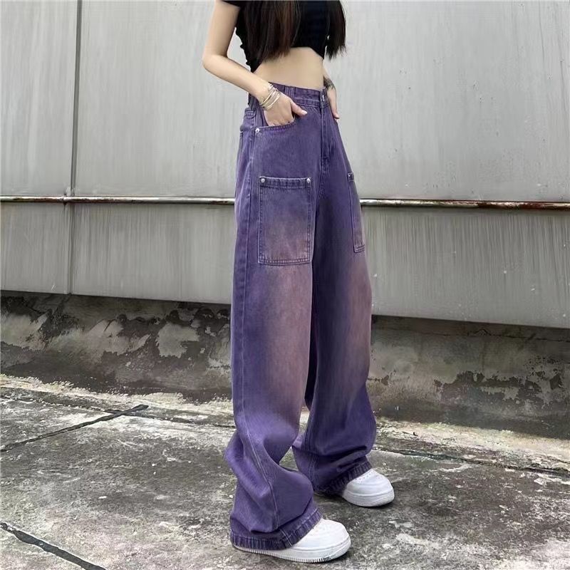 Red Tide brand American high street retro jeans ungu dicuci longgar trendy slim straight wide leg pants ukuran besar celana panjang