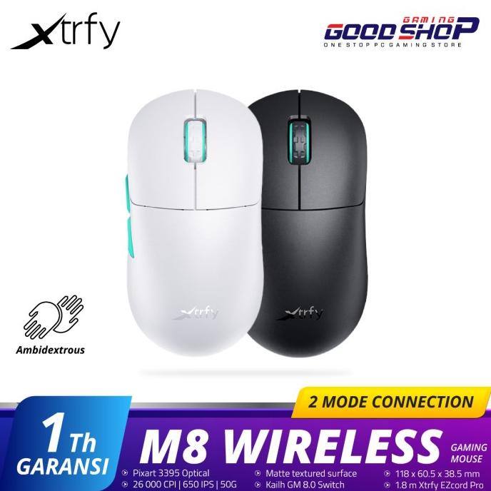 Xtrfy M8 Wireless - Mouse Gaming Ultra Ringan dengan Sensor Optik Pixart 3395, Baterai Hingga 75 Jam, Hitam/White/Retro/Frosty Mint/Purple