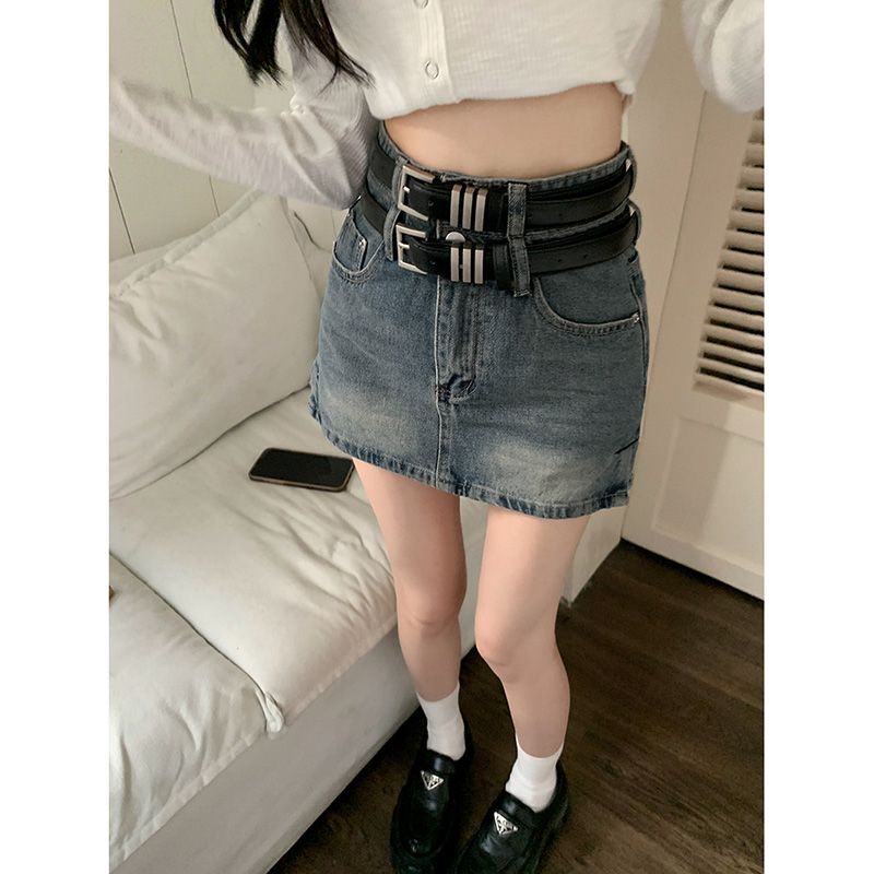 Red Spice girl rok denim retro wanita musim semi dan musim panas double belt setengah rok pinggang tinggi ramping tas rok pendek kecil rok pinggul