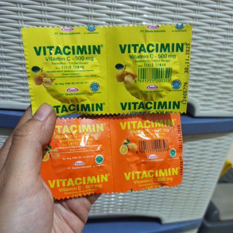 Vitacimin Vitamin C 500mg Tablet hisap Lemon Jeruk Orange strip 2 tablet