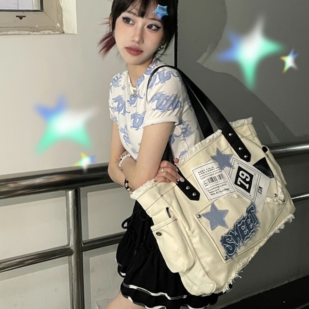 ▽Sera Asli Tote Tas Star Niche Manis Keren Y2K Kapasitas Besar Kanvas Abby Commuter Portable Tas Bahu