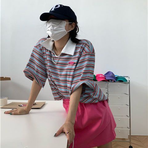 Red 2023 Musim Panas Baru Bergaris Kerah POLO Lengan Pendek T-shirt Wanita Versi Korea Ins Gaya Malas Longgar Atasan All-Match