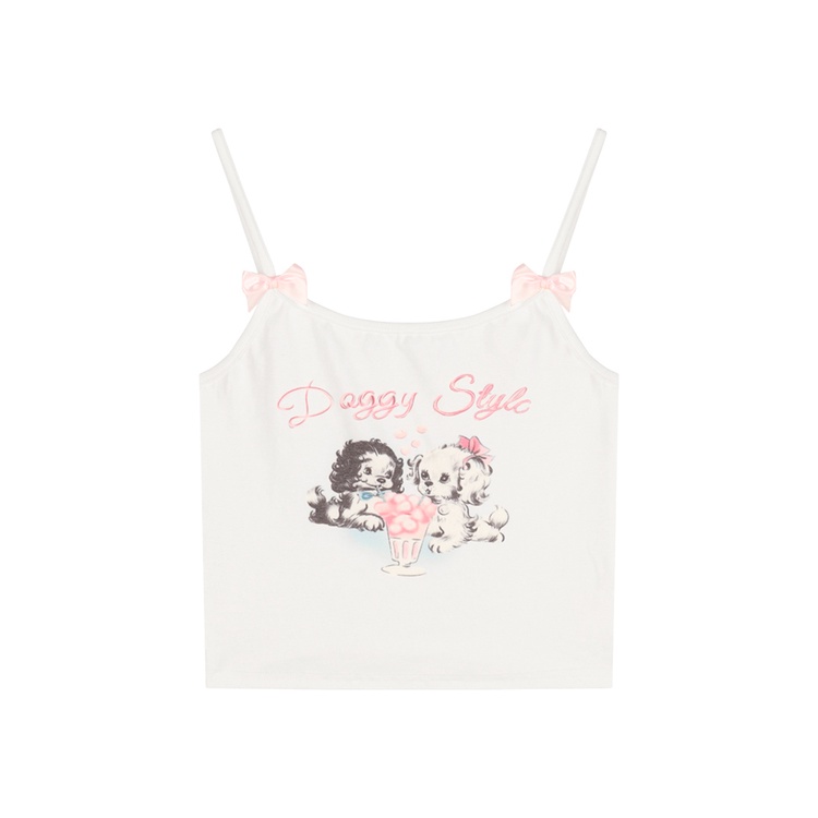 ❣☽Suhao Bahasa Perancis Sweet Babes Kamisol Putih Wanita Musim Panas Lucu Busur Pendek Rasa Desain Niche Atasan Crop Top Sexy Tank Top wanita Motif