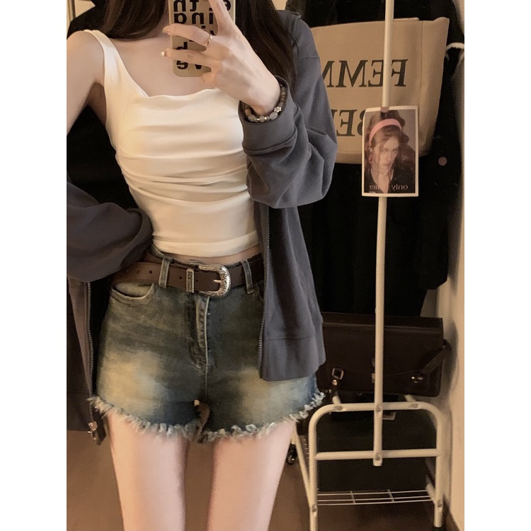 Spice Girls Kamisol dengan Bantalan Dada Wanita Musim Panas Gaya Keinginan Murni Pendek Seksi Tanpa Lengan Kemeja Bawah dengan Atasan dan Pakaian Luar #COD