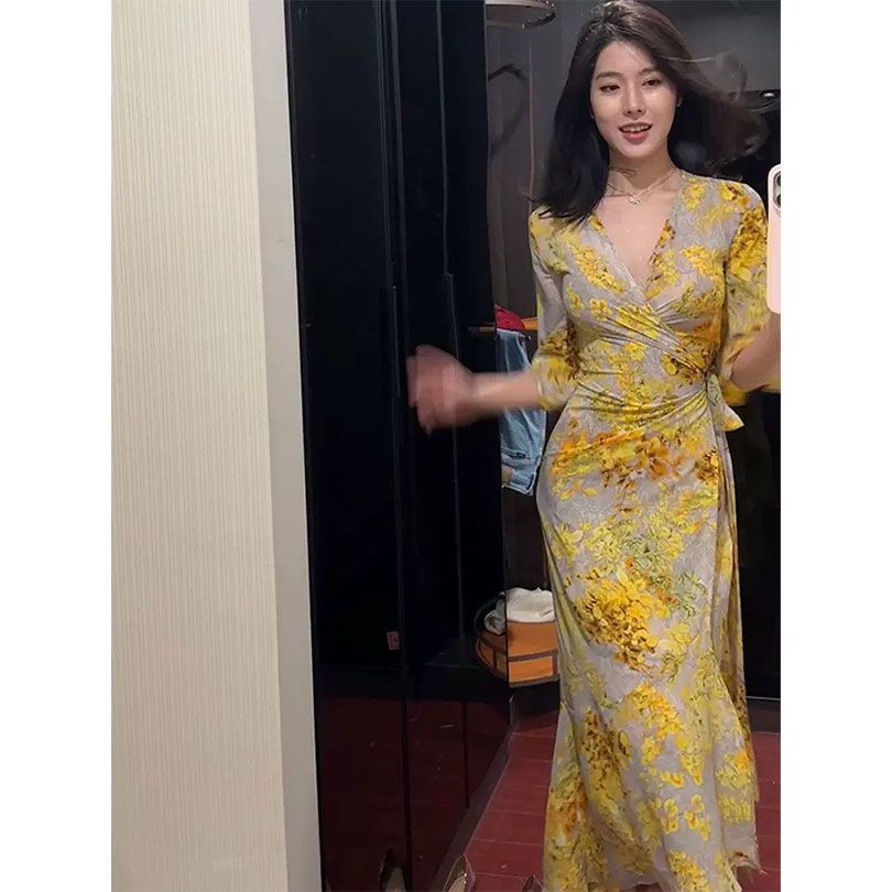 dress floral korea Lengan Crop Elegan Perancis RetrovGaun Bercetak Kerah untuk Wanita, Gaun Ketat Be