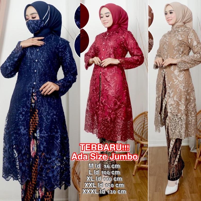 Kebaya Tunik Set Mutiara Kancing Depan- Kebaya Bahan Tule Tebal - Kebaya Kondangan - Kebaya Pesta - 