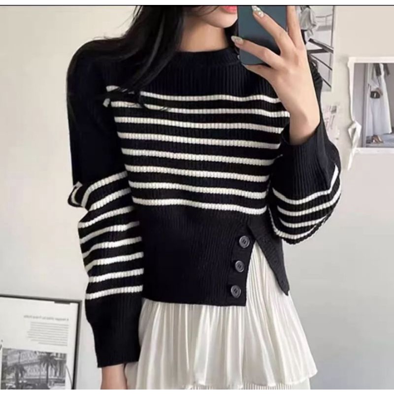 Stripe Knit Blouse Import rajut