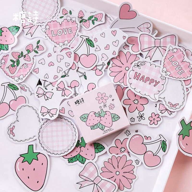 

45 Pcs Stiker Lucu Strawberry Pink untuk Scrapbook / Jurnal / Diary