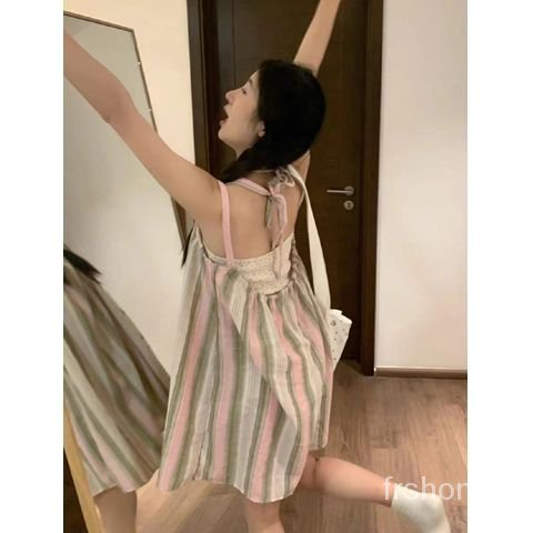 Gaya resor gadis manis ins mori menggantung gaun tanpa lengan tanpa lengan wanita + rompi kamisol se