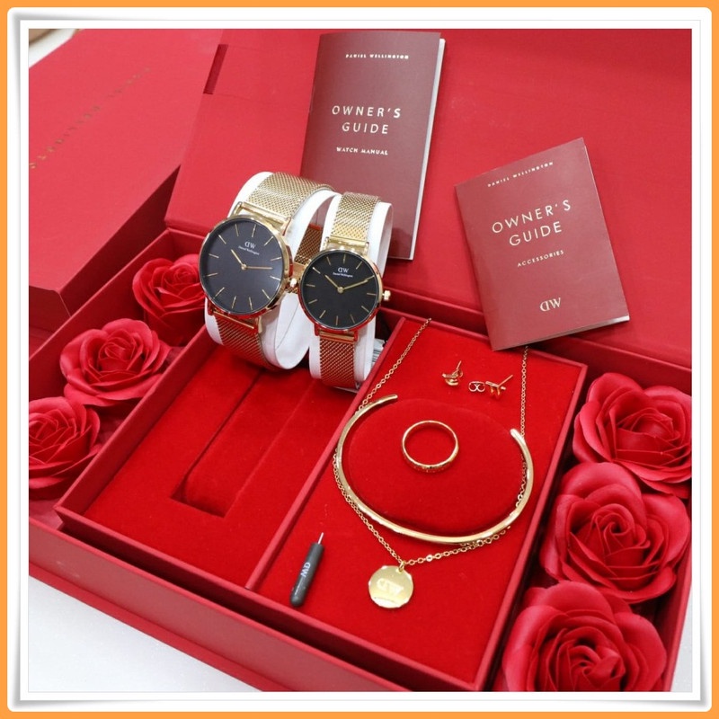 Bisa cod Jam Tangan Wanita D W Couple Pasangan Giftset Kalung Gelang Cincin Kado Set Arloji Cewek Ja