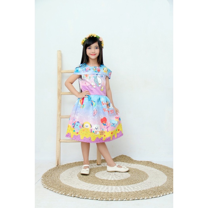 Dress Pesta/Dress Sabrina Bts/Gaun Pesta Anak Murah/Dress Anak Import1 - 2 Tahun Size 4, Bts Blue