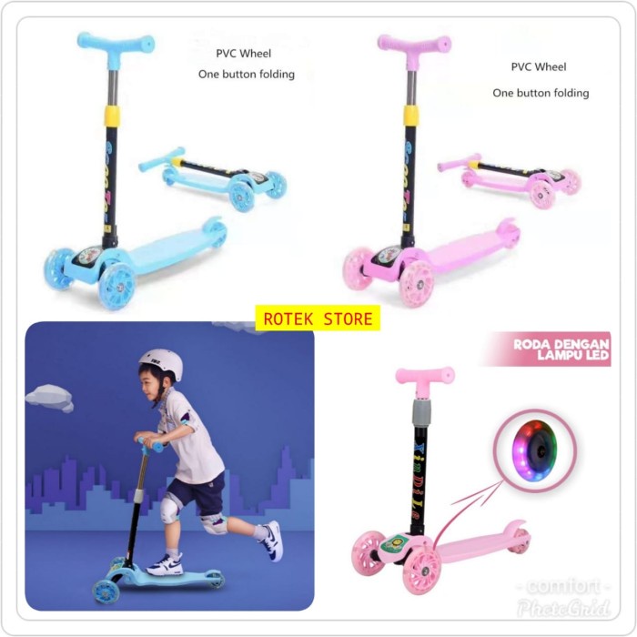 Scooter Anak Skuter Lampu Otoped Sekuter Lipat Mainan anak Murah - Merah Muda (G4B1) Outdoor Gratis 