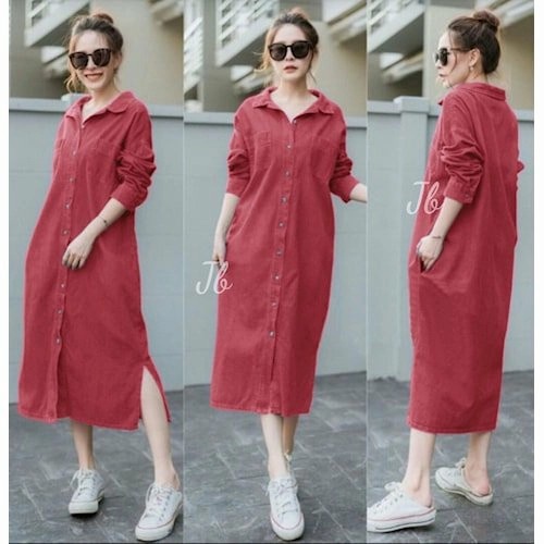 Terusan Wanita Dress  Midi Kemeja Kameja Tunik - Maroon jumbo terbaru 2023 rayon premium murah kotak