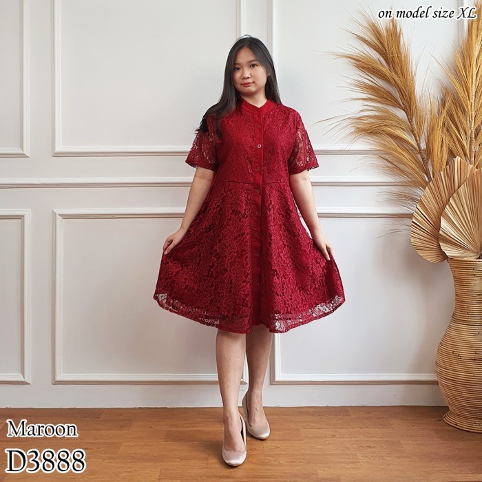 Dress Lebaran wanita brokat pesta midi lengan pendek 3 size D3888 BROKAT MAROON M Dress Korean Style