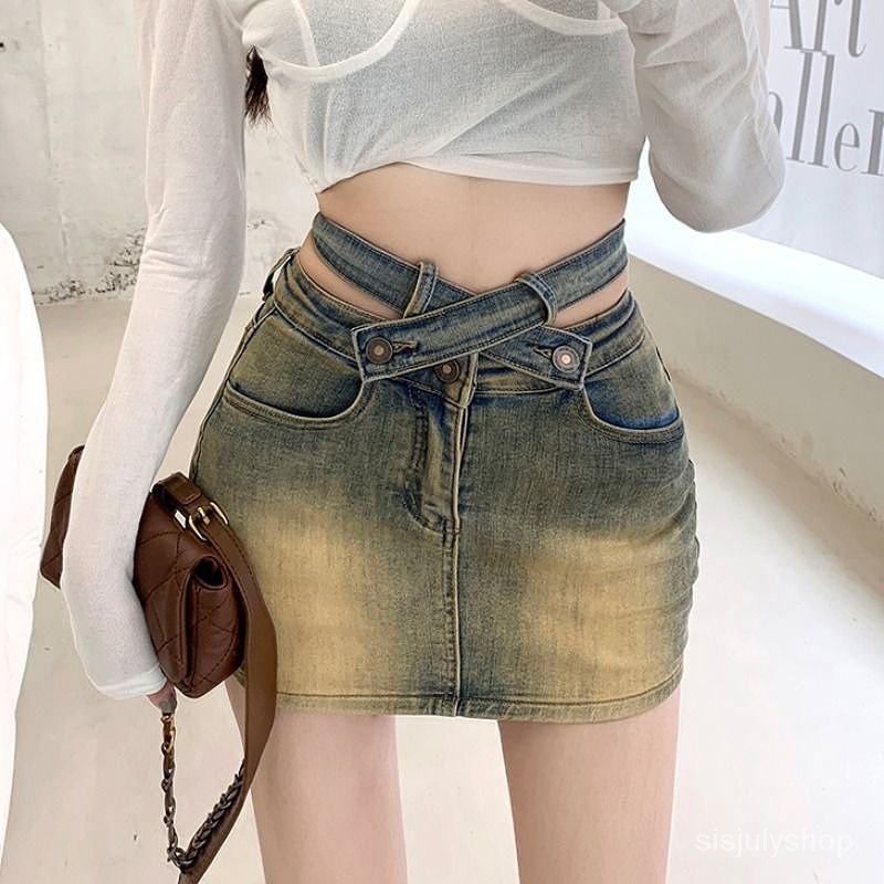 [✅BISA COD] #Sisjuly# Celana pendek denim wanita / Rok setengah badan denim pinggang tinggi silang A