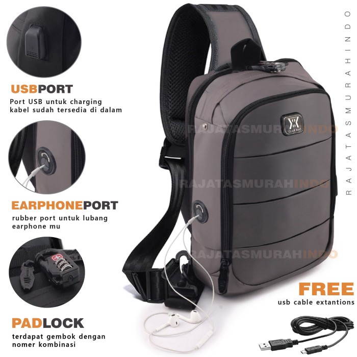 tas selempang pria GEAR BAG KEY 13132 - Tas Selempang Pria Anti Theft Casual With USB - Abu-abu(C3F7