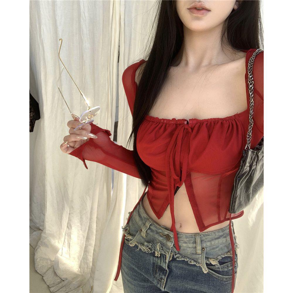 SuhaoWanita Dewasa Seperti Wanita Gaya Pure Desire Burgundy Mesh Square Kerah Ketat Chic Top untuk A