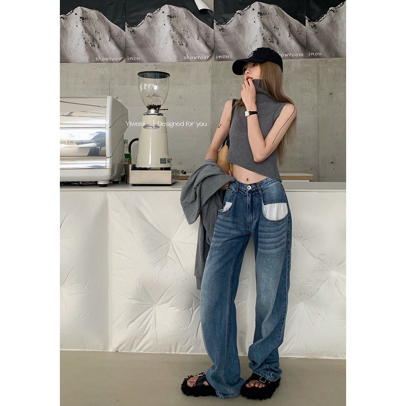 Retro lurus jeans wanita musim semi rasa desain kecil ceruk tinggi pinggang longgar lebar kaki celana mengepel celana