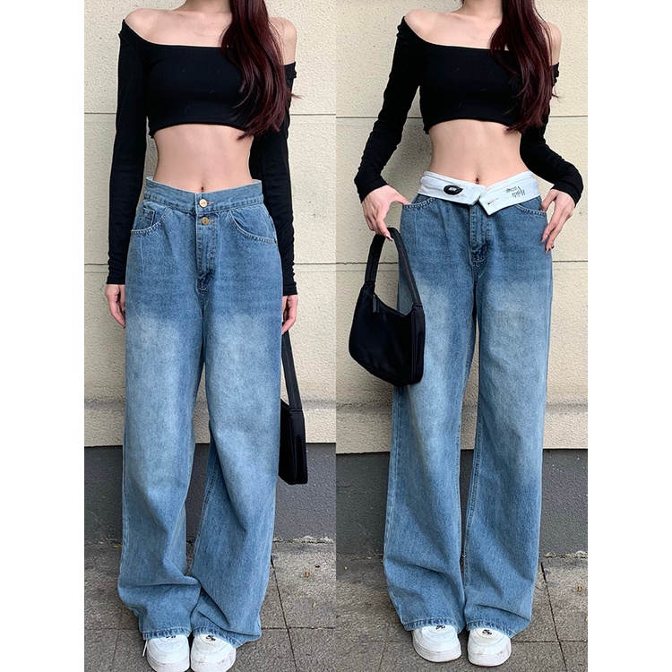 Niche retro jeans wanita musim panas drape mengepel celana desain rasa longgar pinggang tinggi celana lurus lebar kaki