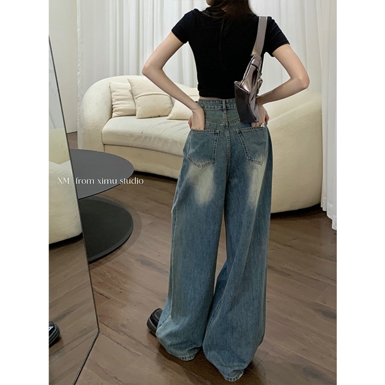 American retro ripped jeans wanita musim panas pasang tinggi pinggang longgar lurus lebar kaki celana mengepel celana