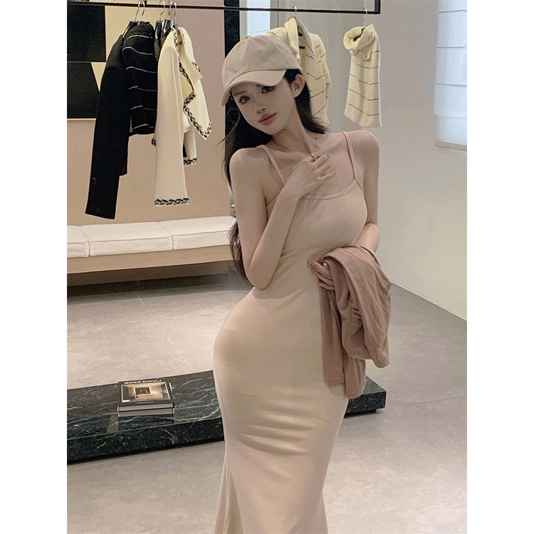 ▩☇✇Keinginan murni gaya suspender dress perempuan musim semi hot gadis tanpa lengan seksi pinggang slim fishtail mid-length rok tas pinggul rok