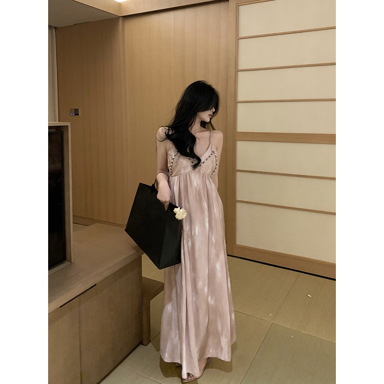 ◄●◈Industri berat Thailand flash berlian tali gaun wanita musim panas liburan pantai rok longgar v-neck rok panjang berkualitas tinggi