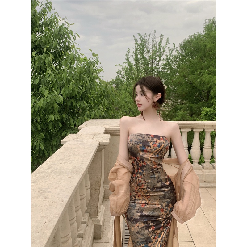 ■✾Zen Cina baru ditingkatkan cheongsam tube top dress wanita musim panas retro pinggang tas pinggul dress temperamen rok