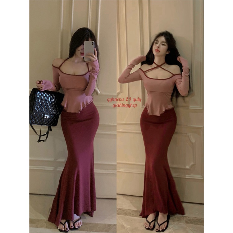 ◊#COD Suhao Hot Girl Suit Lengan Panjang Menggantung Leher T-shirt Pakaian Wanita Musim Semi 2023 Baru Tinggi Pinggang Seksi Tas pinggul Rok Dua Potong Set