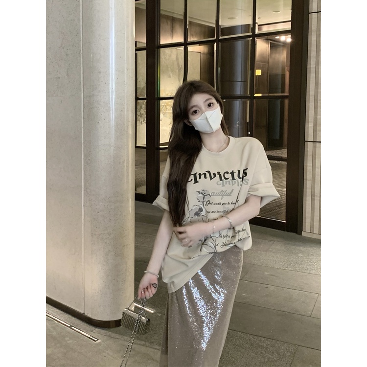 ▪♙♠#COD Suhao Korea huruf cetak T-shirt lengan pendek wanita musim panas rasa desain ceruk longgar kasual mid-panjang chic top