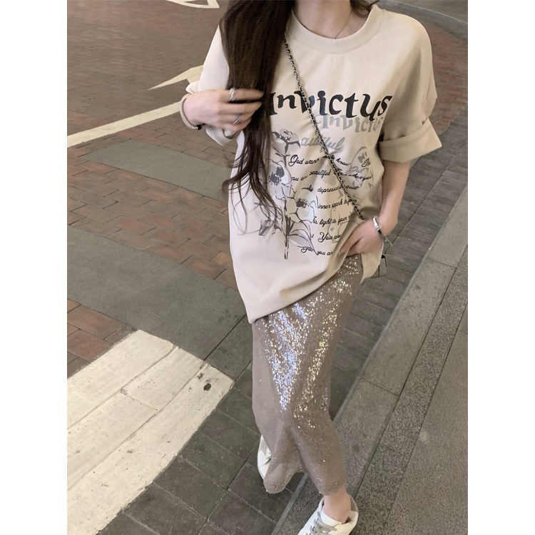 ▪♙♠#COD Suhao Korea huruf cetak T-shirt lengan pendek wanita musim panas rasa desain ceruk longgar kasual mid-panjang chic top